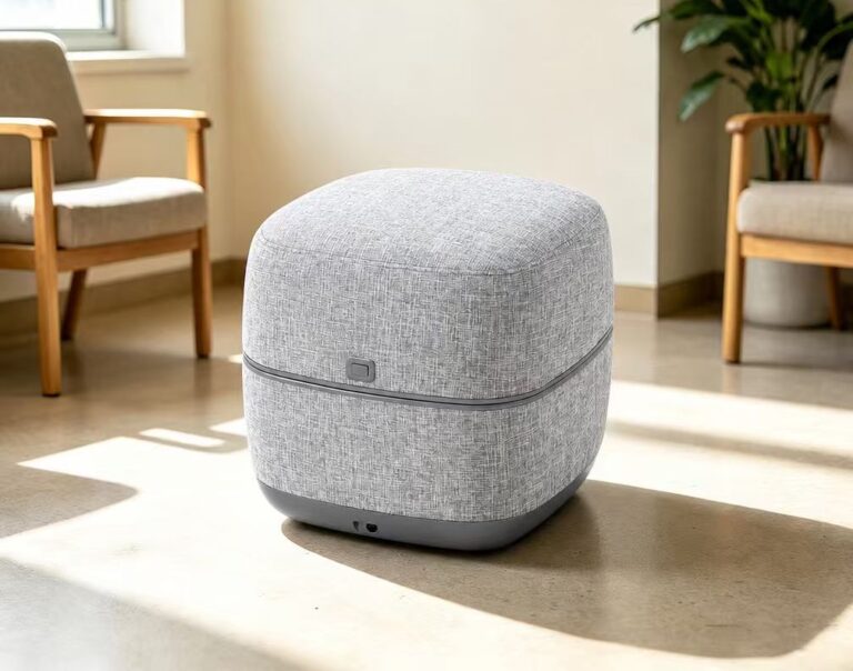 Grey SolePod Pro closed as an ottoman in a sunlit room